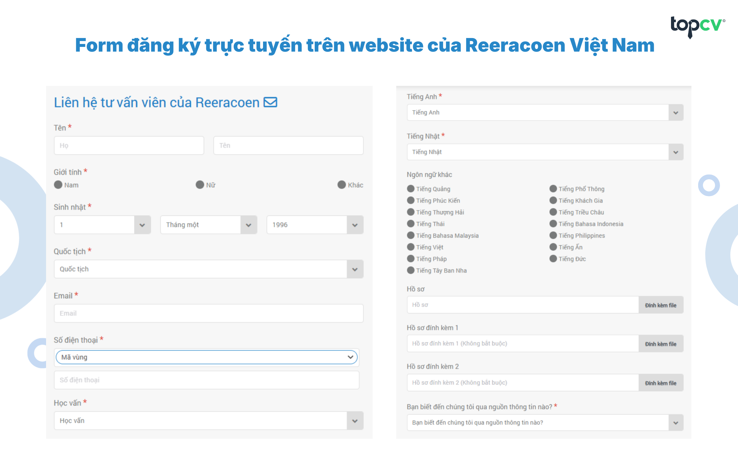 Form đăng ký trực tuyến trên website của Reeracoen Việt Nam